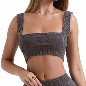 House of CB Sia Cashmere Blend Ribbed Bralette Sweater Top Charcoal NWT XS